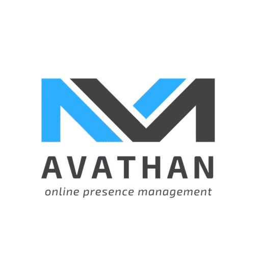 Logo with blue and black geometric shapes forming the letters A and V, above the text AVATHAN online presence management—ideal for businesses like servicing air conditioning or finding an air conditioning repairman near me on a light gray background.